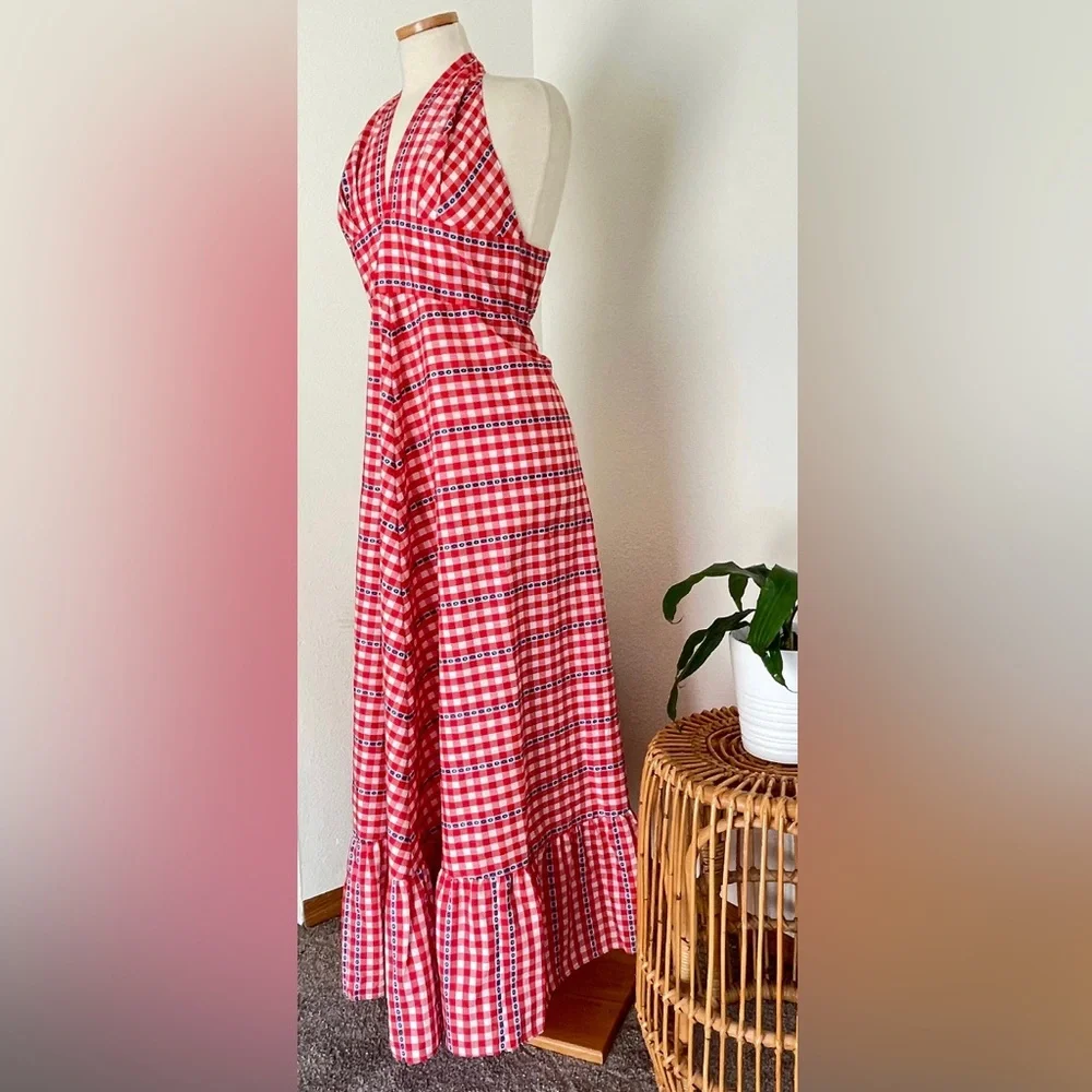 *sold*1970s Vintage LANZ ORIGINALS Red White and Blue Gingham Halter Maxi Dress - Picture 8 of 10